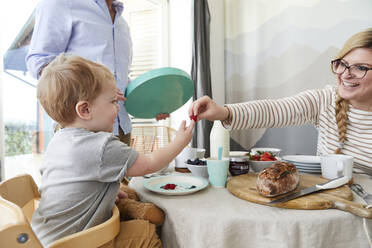 Kleiner Junge nimmt Himbeere von seiner Mutter am Frühstückstisch - FSF01039