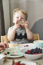 Porträt eines verschmierten kleinen Jungen, der Brot mit Marmelade isst - FSF01055