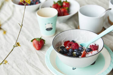 Bowl of fruit muesli on breakfast table - FSF01063