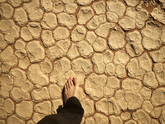 Man's foot on the cracked salt pan floor, Deadvlei, Namibia - VEGF02088
