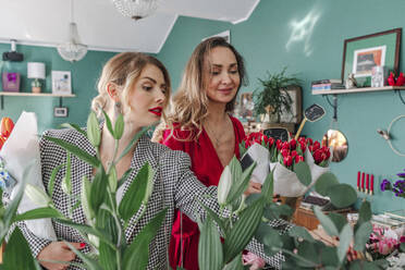 Zwei Frauen wählen Blumen in einem Blumenladen aus - OGF00322