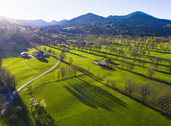 Deutschland, Bayern, Gaissach, Drohnenansicht einer grünen Landschaft im Frühling - SIEF09811