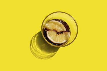 Studioaufnahme eines Glases Cola mit Zitronenscheiben - GEMF03609