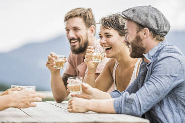 Happy friends sitting at wooden table in the mountains having a drink, Achenkirch, Austria - SDAHF00877