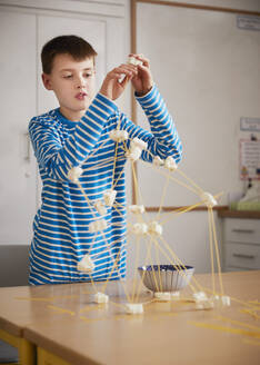 Junge beim Aufbau einer Konstruktion während einer naturwissenschaftlichen Unterrichtsstunde - PWF00101