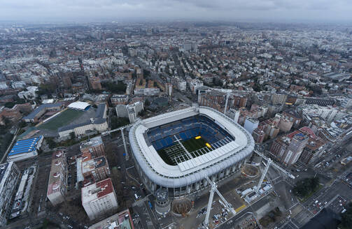 Spanien, Madrid, Luftaufnahme des Santiago-Bernabeu-Stadions - DAMF00445