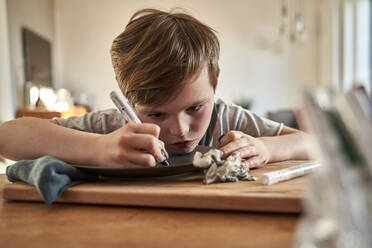 Konzentrierter Junge zu Hause, der einen Teller mit Porzellanfarbe bemalt - AUF00353