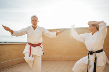 Frau mit Lehrer beim Karatetraining auf der Terrasse - OCMF01205
