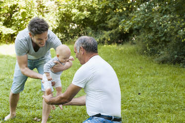 Senior man spending time with his adult son and his granddaughter in a park - DIGF10241