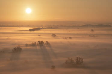Sunrise over the mist covered Somerset Levels in winter, near Glastonbury, Somerset, England, United Kingdom, Europe - RHPLF14680