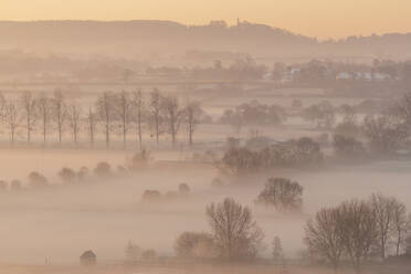 Nebelverhangene Landschaft in der Morgendämmerung im Winter, nahe Glastonbury, Somerset, England, Vereinigtes Königreich, Europa - RHPLF14686
