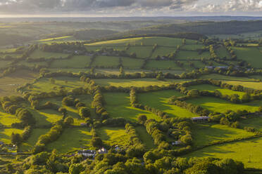 Aerial view by drone of rolling countryside in evening light, Devon, England, United Kingdom, Europe - RHPLF14702