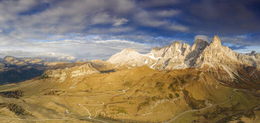 Aerial panoramic of Cimon della Pala and Castellaz in autumn, Pale di San Martino, Rolle Pass, Dolomites, Trentino, Italy, Europe - RHPLF14785