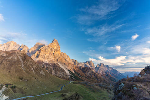 Herbstfarben am Rolle Pass mit Cimon della Pala im Hintergrund, Pale di San Martino, Dolomiten, Trentino, Trento, Italien, Europa - RHPLF14791