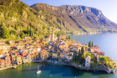Aerial view by drone of Varenna, Lake Como, Lombardy, Italian Lakes, Italy, Europe - RHPLF14822