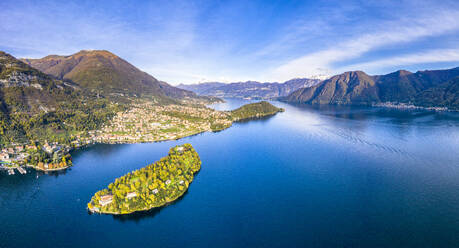 Luftaufnahme der Insel Comacina und Tremezzina im Herbst, Comer See, Lombardei, Italienische Seen, Italien, Europa - RHPLF14828