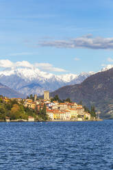 Dorf Rezzonico mit schneebedeckten Bergen im Hintergrund, Comer See, Lombardei, Italienische Seen, Italien, Europa - RHPLF14830