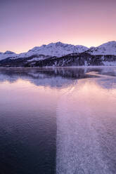 Die Farben des Sonnenaufgangs spiegeln sich auf der eisigen Oberfläche des Silsersees, Engadin, Graubünden, Schweizer Alpen, Schweiz, Europa - RHPLF14838