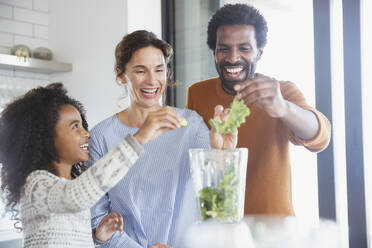 Multi-ethnic family making healthy green smoothie in blender in kitchen - CAIF26990