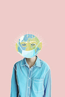 Portrait of a girl with a earth as face and surgical mask - FVSF00220