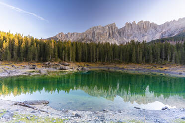 Sunset over Carezza Lake and Latemar mountain range, Dolomites, South Tyrol, Italy, Europe - RHPLF15016