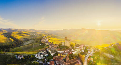 Aerial view of Serralunga d'Alba at sunset, Barolo wine region, Langhe, Piedmont, Italy, Europe - RHPLF15066
