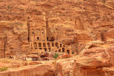 Roman soldier's tomb (Urn tomb) located in the side of the mountain known as al-Khubta, above Wadi Musa, Petra, UNESCO World Heritage Site, Jordan, Middle East - RHPLF15095