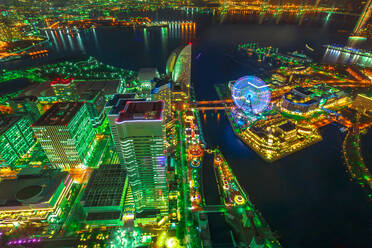 Aerial view of Yokohama Cityscape and skyline at night from viewing platform of Landmark Tower, with skyscrapers from observatory sky garden, illuminated railway and subway, Yokohama, Honshu, Japan, Asia - RHPLF15097