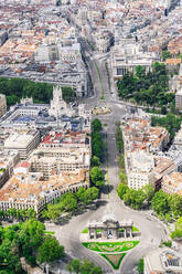 Spain, Madrid, Helicopter view of empty Plaza de la Independencia during COVID-19 outbreak - JCMF00690