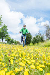 Junge mit Gesichtsmaske fährt in voller Länge mit dem Fahrrad über gelbe Blumen auf einem Feld gegen den Himmel - JCMF00691
