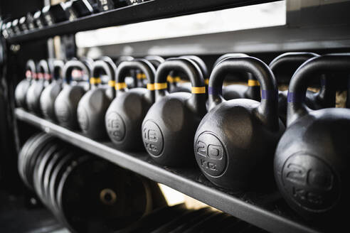 Kettlebells in einer Reihe auf einem Turnhallengestell - SNF00012