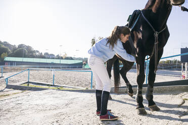 Junges Mädchen legt die Ausrüstung an, während sie das Pferd für den Ritt auf dem Übungsplatz vorbereitet - ABZF03101