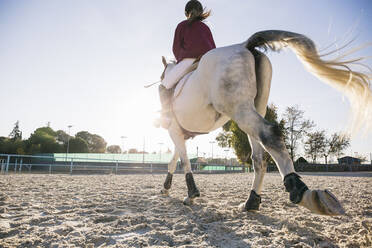 Rear view of jockey girl riding white horse on training ground at ranch during sunny day - ABZF03110