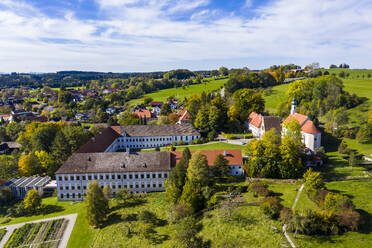 Germany, Bavaria, Wessobrunn, Helicopter view of Wessobrunn Abbey in summer - AMF08065