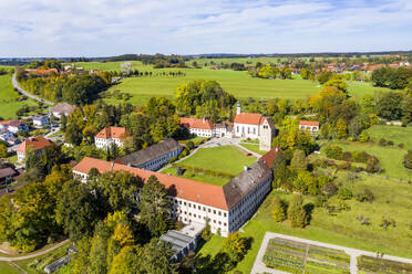 Germany, Bavaria, Wessobrunn, Helicopter view of Wessobrunn Abbey in summer - AMF08066