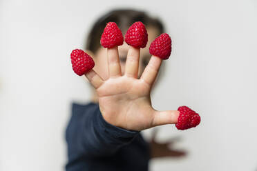 Girl's hand with raspberries on fingers - MGIF00925