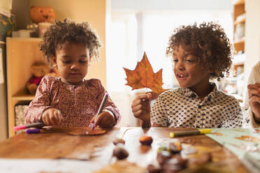 Brother and sister making crafts with autumn leaf at table - CAIF27505