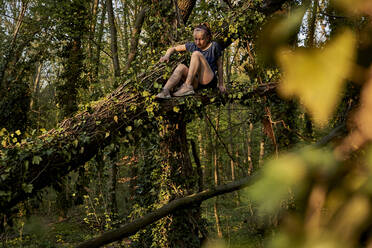 Girl sitting on branch while climbing on tree in forest - AUF00369