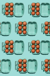 Pattern of chicken eggs in turquoise colored cartons - GEMF03692