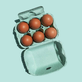 Studio shot of chicken eggs in turquoise colored carton - GEMF03694
