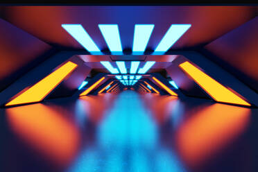 Three dimensional render of futuristic corridor illuminated by blue and orange neon lights - SPCF00655