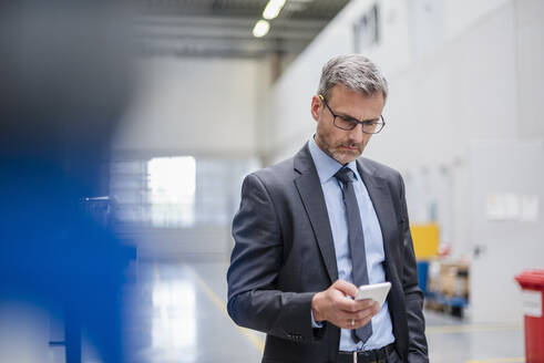 Reifer Geschäftsmann benutzt Mobiltelefon in einer Fabrik - DIGF10555