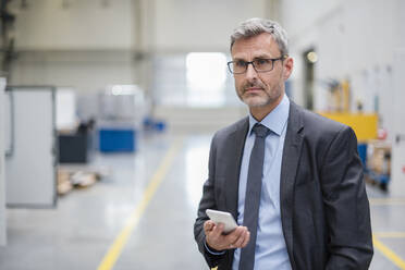 Mature businessman holding cell phone in a factory - DIGF10557
