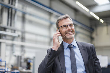 Lächelnder Geschäftsmann am Telefon in einer Fabrik - DIGF10558