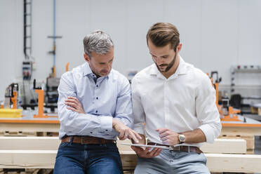 Zwei Männer teilen sich ein Tablet in einer Fabrikhalle - DIGF10620