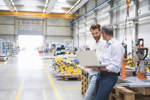 Zwei Männer benutzen einen Laptop in einer Fabrikhalle - DIGF10631