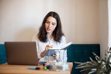 Porträt einer jungen Frau mit Notebook und Blick auf einen Laptop - DAWF01437