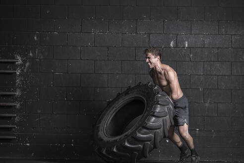 Athlete with an amputated arm exercising with tractor tire - SNF00168