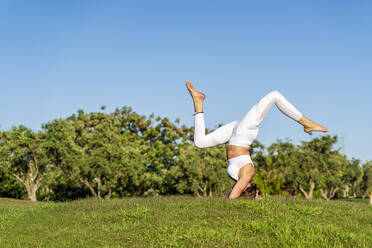 Woman practicing yoga on lawn in sunshine doing a headstand - DLTSF00667