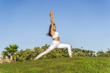 Woman doing yoga on lawn in sunshine - DLTSF00668